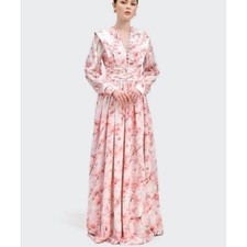 Fairy Pink Vacation Long Dress Womens Slim Fit Style V-neck A-line Print Floral