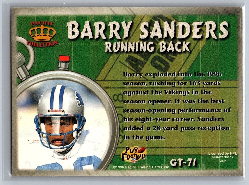 1996 Pacific Litho-Cel Barry Sanders #GT-71 Game Time Card - Image 2 of 2
