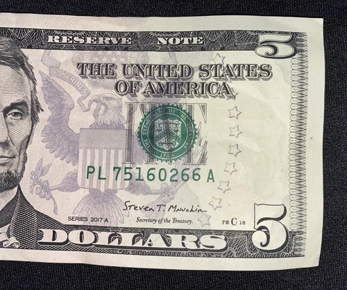 2017A $5 Bill Ink Error SeeThrough Reverse Of Note on serial number - Picture 10 of 12