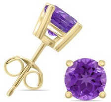 ESTATE 1.1CT AAA AMETHYST 14KT YELLOW GOLD 3D ROUND SOLITAIRE STUD EARRINGS
