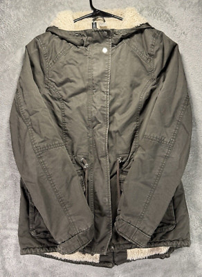 H&M Divided Jacket Women s 4 Green Sherpa-Lined Adjustable Waist Hooded Full-Zip