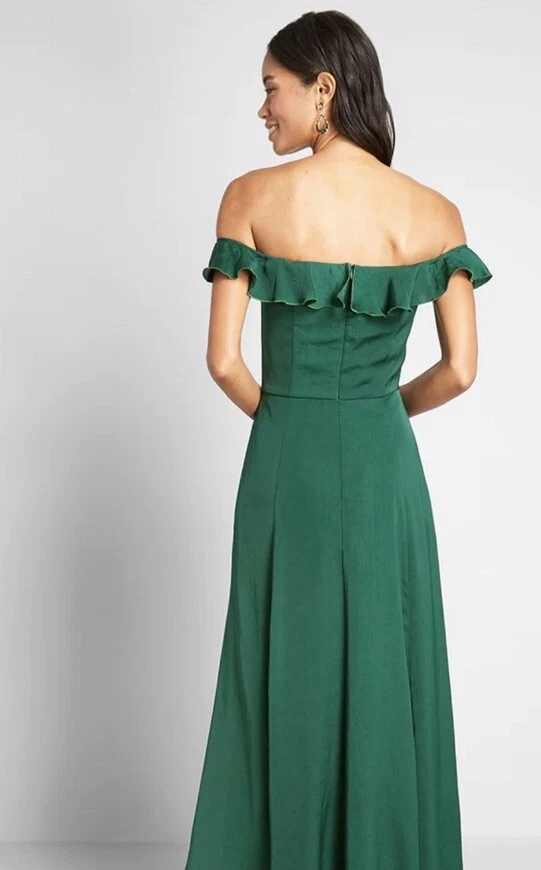 Новый с Ярлыками ModCloth с оборками и сияющий с открытыми плечами зеленый макси платье - размер средний вечеринки - Изображение 2 из 4