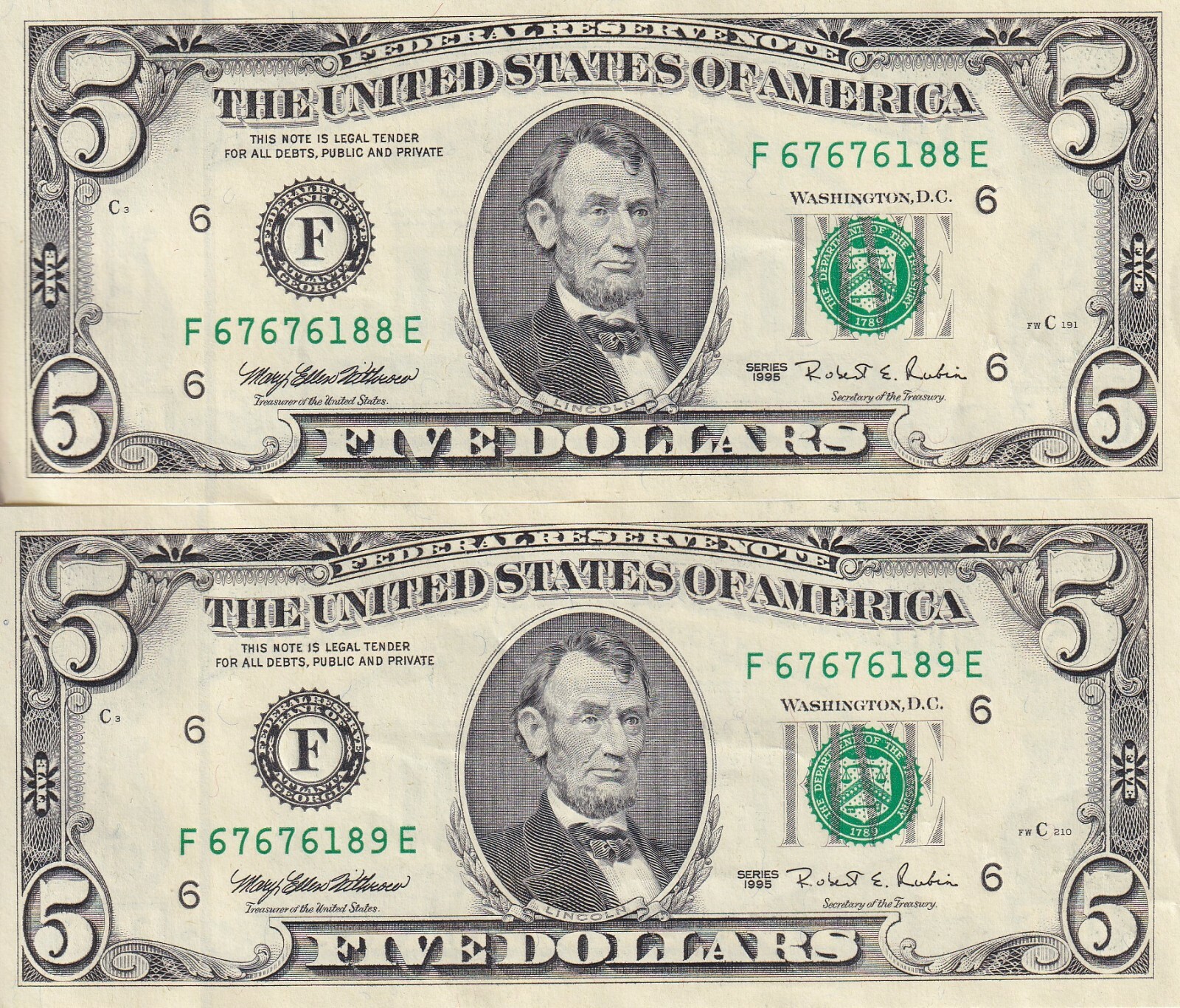 1995 TWO FIVE DOLLAR$5 GREEN SEAL CONSECUTIVE NUMBER VINTAGE OLD AMERICAN  NOTES | eBay