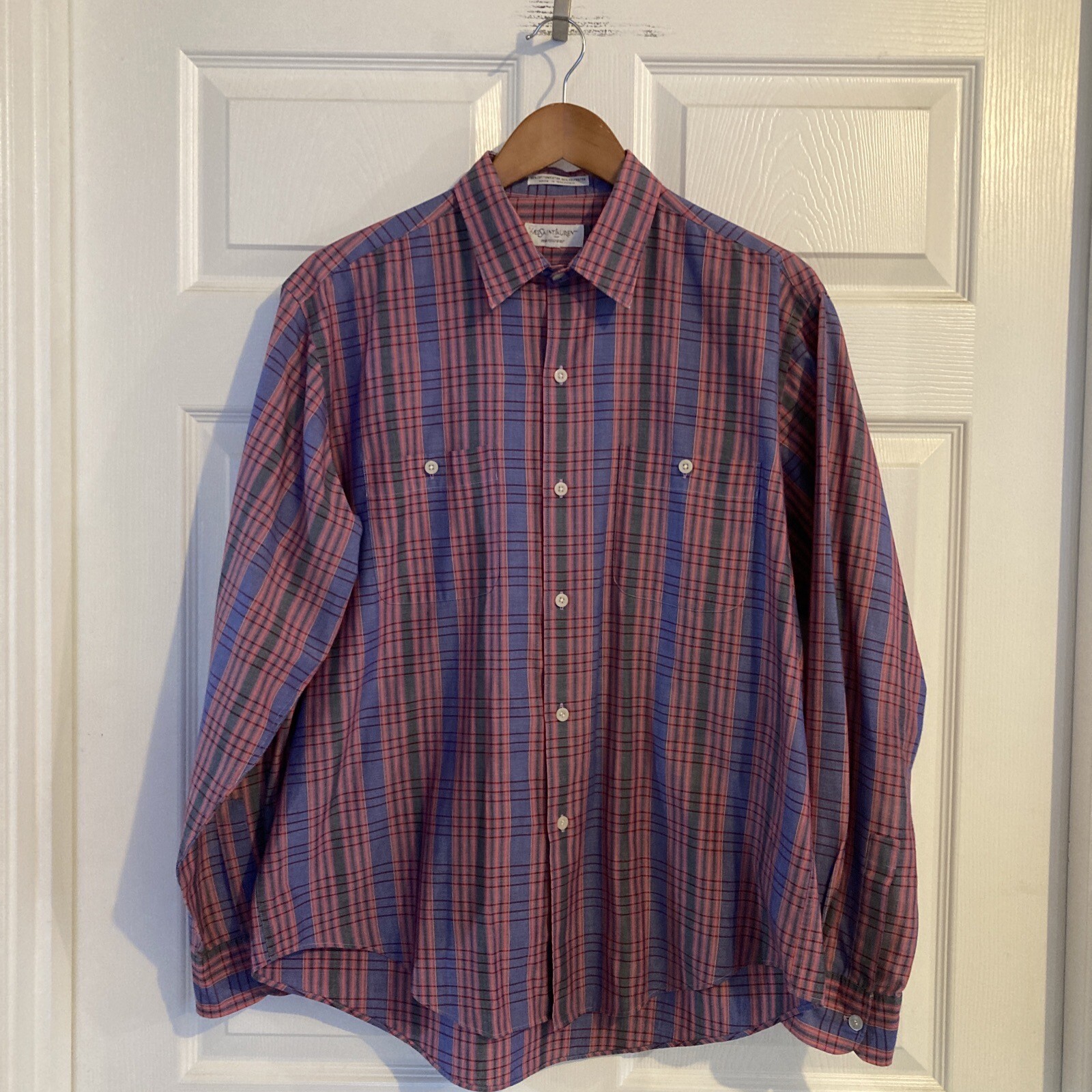 Camicia sportiva vintage Yves Saint Laurent uomo XL rosa blu a quadri misto cotone