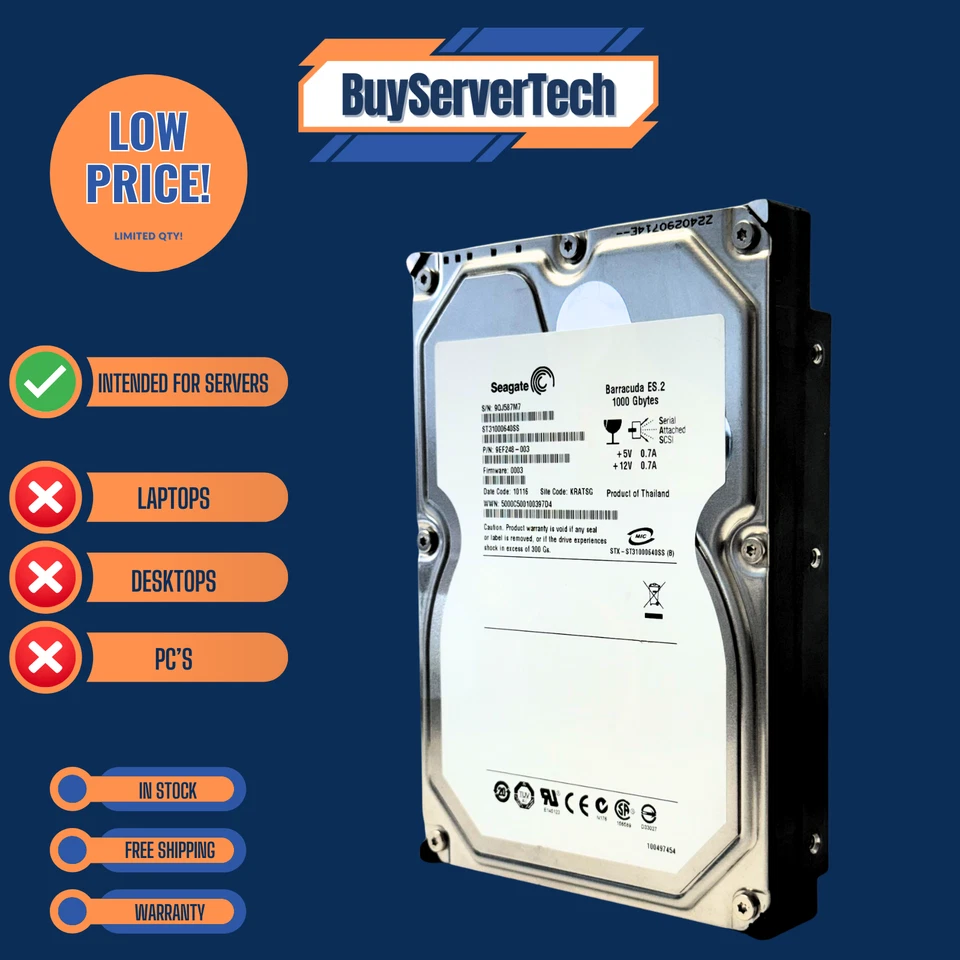 Seagate ST31000640SS 1TB 7.2K 3.5" SAS 3Gb/s HDD Barracuda ES.2 | 0 Hours | 1YR - Image 3 of 4