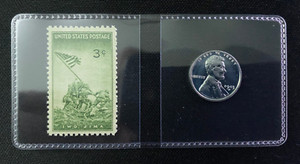 WWII Memorabilia – 1945 Iwo Jima Stamp & 1943 Steel Penny in Protective Sleeve