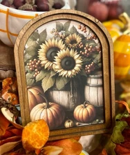 Fall Autumn Sunflowers With Pumpkins Mini Picture With Arch Wood Frame