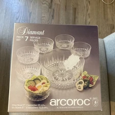 Arcoroc Diamant 7pc Salad Bowl Serving Set Tempered Clear Glass France NOS