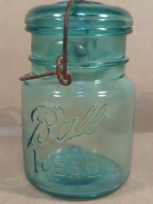 Vintage Ball Ideal Blue Glass Lid w/ Wire Top Mason Jar #4