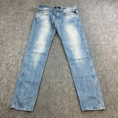 Replay Herren Jeans Slim Tapered 34 34 helle Waschung blau Stretch Schnurrhaare verblassen