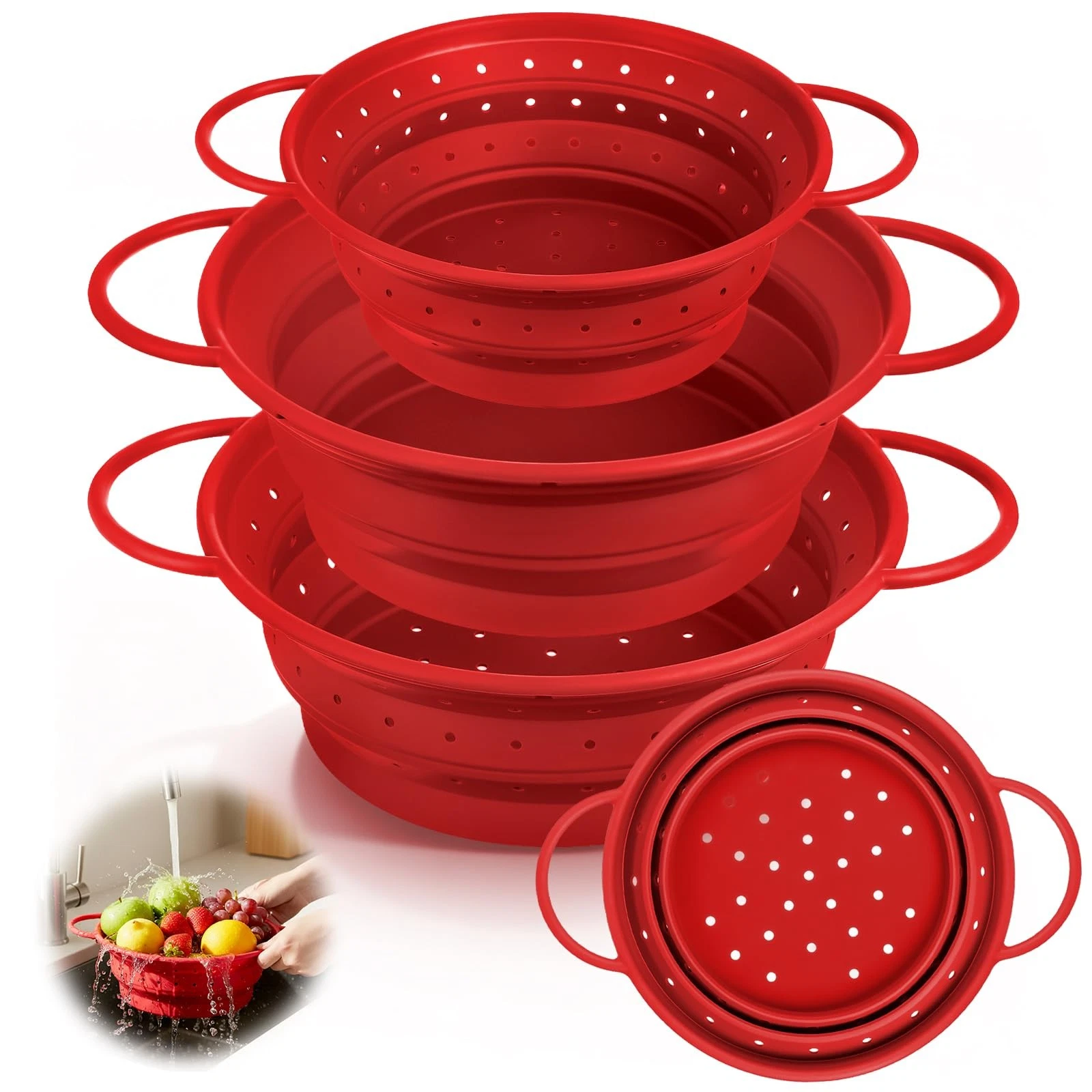 3 Pack Collapsible Colander with Strainer Bowl Set, 11 & 13 In BPA-Silicone C...