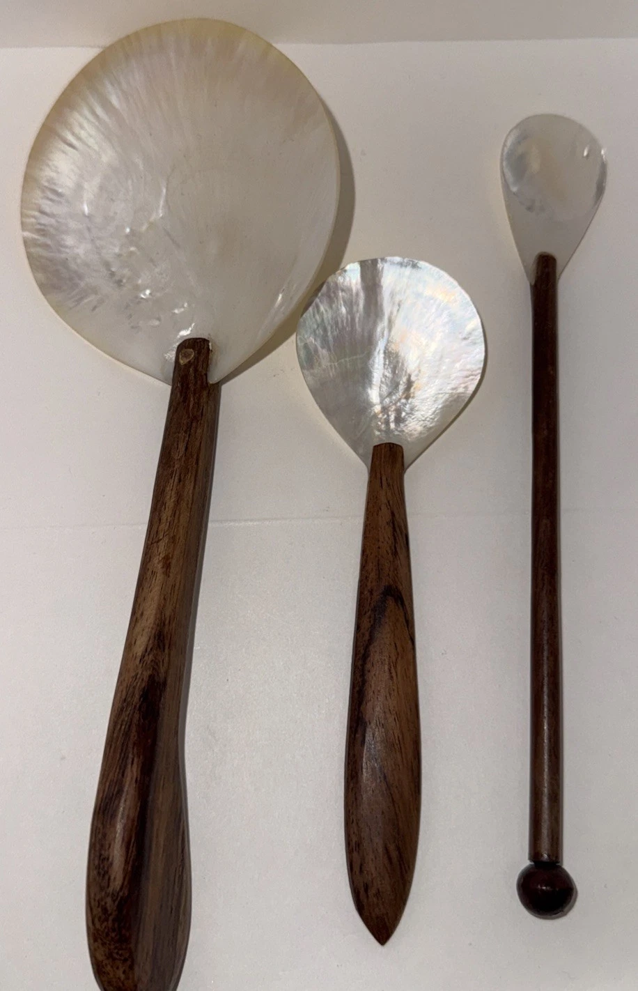 3 Vtg Mother of Pearl Spoons w/ Coconut Wood Handle For Jam Cream Caviar #1619