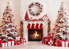 7x5ft White Christmas Fireplace Backdrop Xmas Tree Gift Socks Fireplace Photo...
