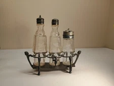 Castor Cruet Set Stand Meridon B Co Ornate Victorian Figural Design Etched Glass