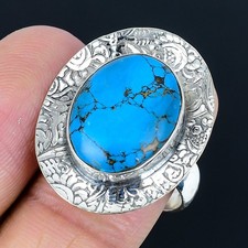 Unique Tibetan Turquoise Gemstone 925 Sterling Silver Ring Size Adj.