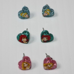 Disney Princess Sparkle Heart Stud Earrings Ariel, Rapunzel and Cinderella