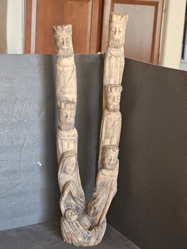 Vtg Hand Carved Wood Nativity Sculpture, signed
