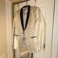 HI-TIE Men's Ivory Jacquard Tuxedo Jacket Black Shawl Lapel Regular