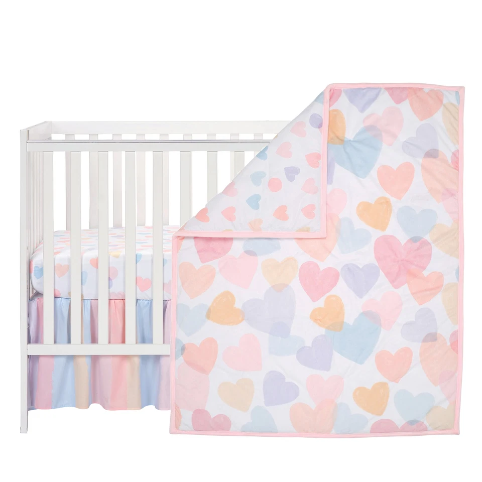 Juego de ropa de cama de cuna de bebé de 3 piezas rosa/púrpura Rainbow Hearts originales para dormir Foto 2 de 4