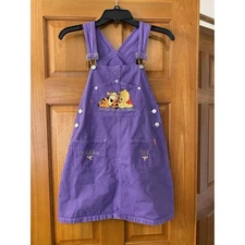 Vintage Pooh Tigger Purple Overall Dress Jumper Girls Large 12 14 Embroidered