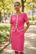 VTG 80's CHRISTIAN DIOR sz 8 Lined Pink Ivory Skirt Suit Made in the USA