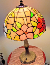 Signed Dale Tiffany 13" Stained Glass Floral Table Lamp Bronze Base 20" Tall