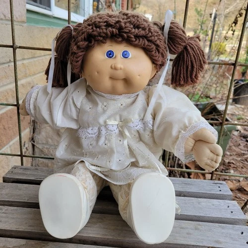 CPK 1986 Girl Blue Eyes Brown Hair Dimples White Lace Dress Tights Lace Up Shoes