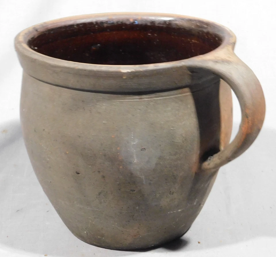 Antique redware storage crock bean pot glazed 18th 19th c PA thunder cup mug - Image 2 of 4