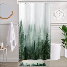 36x72" Green Misty Forest Nature Woodland Half Size Stall Fabric Shower Curtain