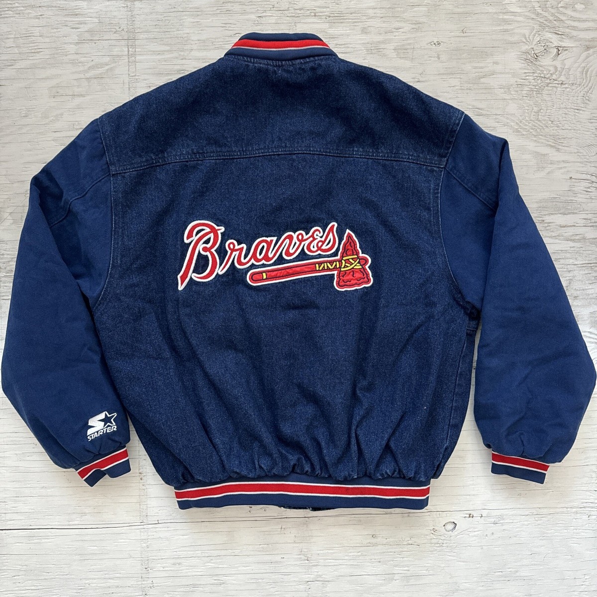 Vintage 90s MLB Starter Atlanta Braves Denim Letterman Style Vintage 90s MLB Starter Atlanta Braves Denim Letterman Style