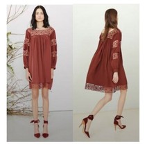 Ulla Johnson Dress Odile Crochet Mini Long Sleeve in Burgundy