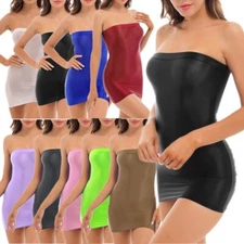 Womens Glossy Strapless Pencil Dress Bodycon Mini Skirt Dancing Stage Clubwear