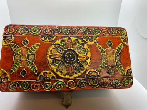 Holzschatulle geschnitzt aufwendig bemalt mit Schildkröten Blumen Wirbel orange - Bild 2 von 12