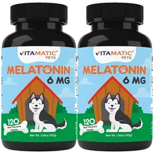 2-Pack Vitamatic Melatonin for Dogs  6 mg  120 Beef Flavored Chewable Tablets