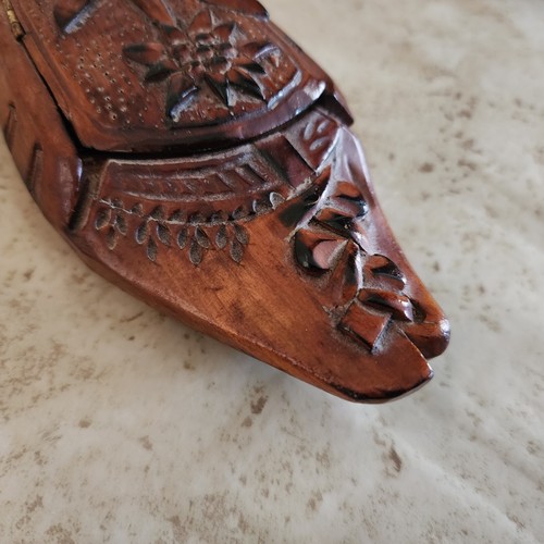 Wooden Moccasin Shoe Trinket Box Hand Carved Raised Flower Hinged - Picture 10 of 22