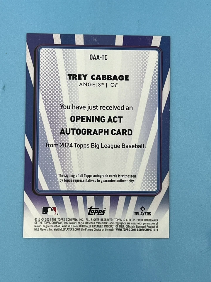 2024 Topps Big League Trey Cabbage RC Opening Act AUTO Angels Rookie #OAA-RC - Image 2 of 2