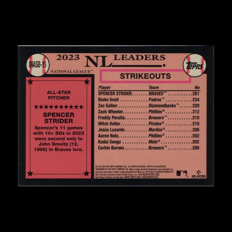 2024 Topps Series 2 SPENCER STRIDER #89ASB-15 1989 Topps Baseball All-Star - Image 2 of 2