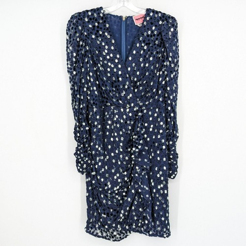 Kate Spade Scatter Dot Faux Wrap Dress 6 Navy Silver Ruffle Velvet Long Sleeve - Picture 4 of 14