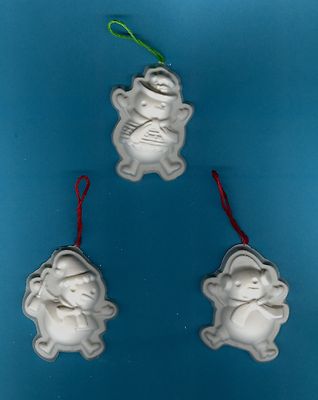 Three happy snowmen ornaments plaster of Paris painting project. Set of 6!