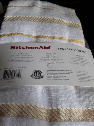 Kitchen Aid 3 Piece Kitchen Set Kitchen Towel-Oven Mitt-Potholder NEW!!!! YELLOW - Picture 8 of 9