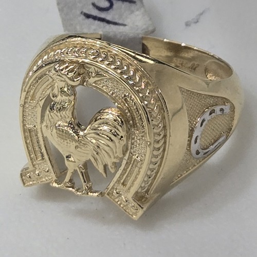 solid 14k Yellow Gold Good Luck HorseShoe Rooster Ring Size 9 10 11 12 - Picture 7 of 15
