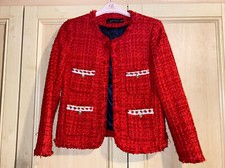 Zara Red Fantasy Tweed Blazer Jacket Size Xs