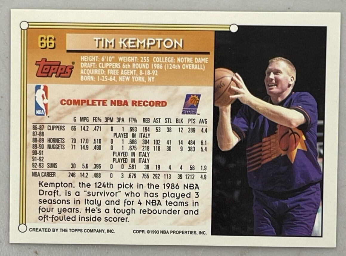 1993-94 Topps Basketball Card #66 Tim Kempton Phoenix Suns