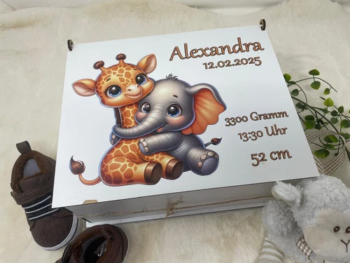 Erinnerungsbox Personalisiert Holz Geschenk zur Geburt Taufe Baby Giraffe Motiv