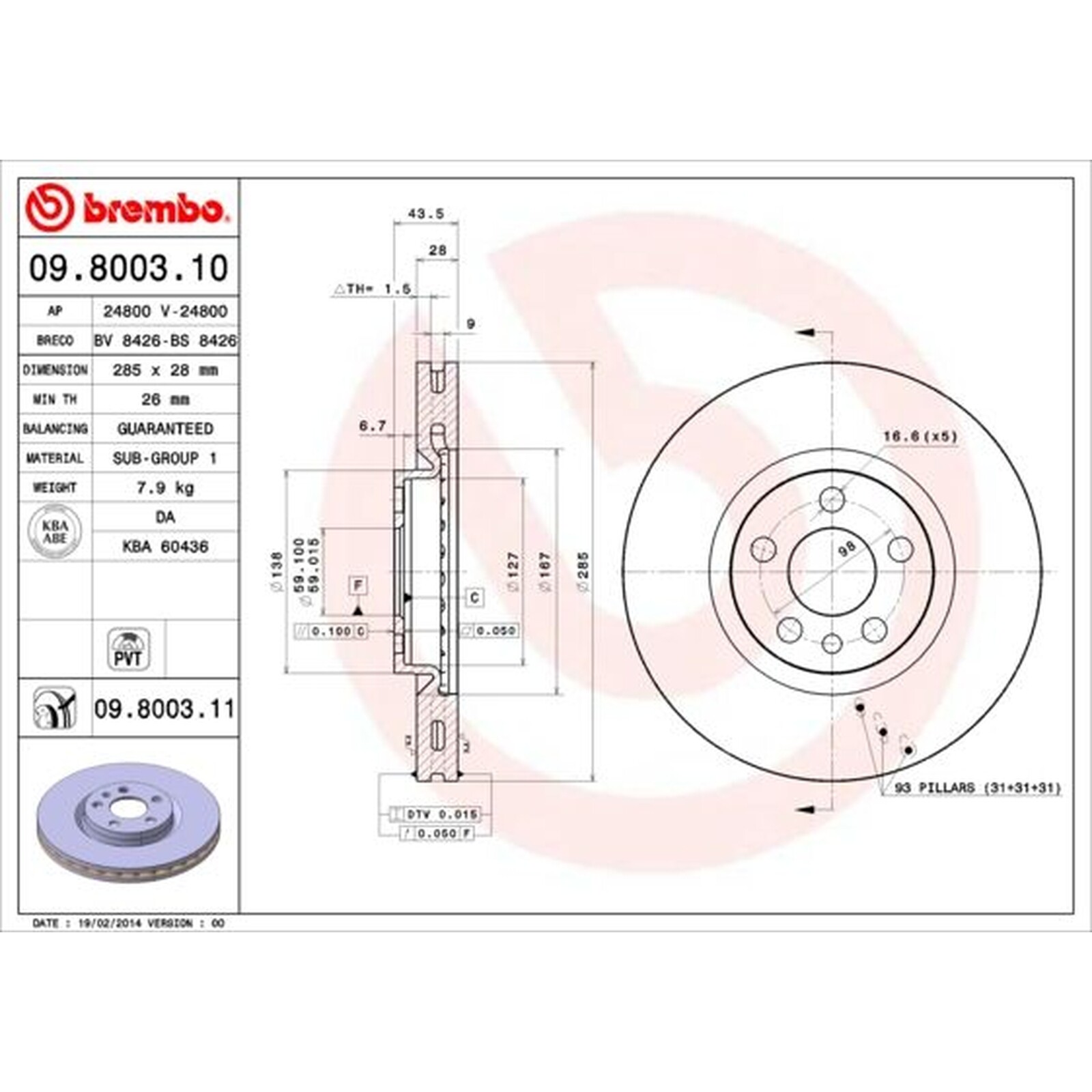BREMBO Pair UV Coated Brake Discs 09.8003.11