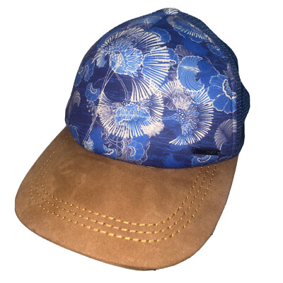 Roxy Womens Trucker Mesh Hat Blue Floral Flowers Snap Back ROXY Leather Brim