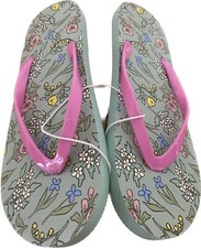NWT Girls Cat Jack Large 4/5 Flowered Green/Pink Flip Flop Sandals