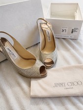 Jimmy Choo Champagne Glitter Peep Toe Slingback Stiletto Ankle Strap US 8