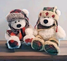 2 Hugfun Int'l Plush Teddy Bear White  Dressed Plaid  Hat Scarf  Booties St Jude
