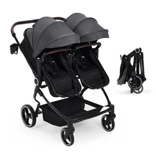 Aluminum Frame Twin Stroller, 5-Point Harness, Adjustable Backrest & All-Weather